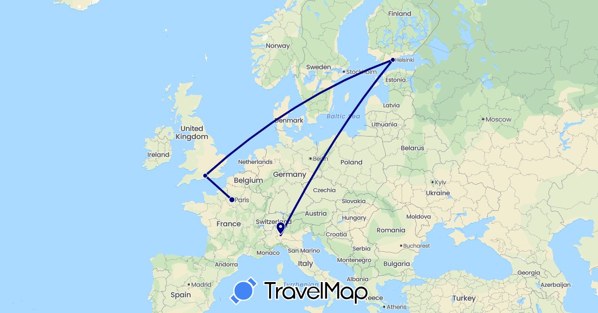 TravelMap itinerary: driving in Finland, France, United Kingdom, Italy (Europe)
