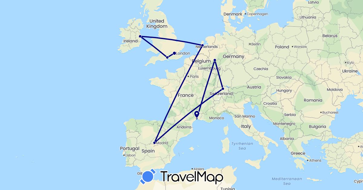TravelMap itinerary: driving in Switzerland, Germany, Spain, France, United Kingdom, Ireland, Netherlands (Europe)