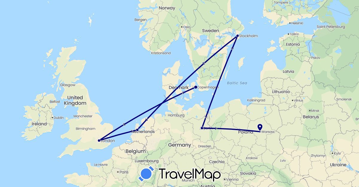 TravelMap itinerary: driving in Germany, Denmark, United Kingdom, Netherlands, Poland, Sweden (Europe)