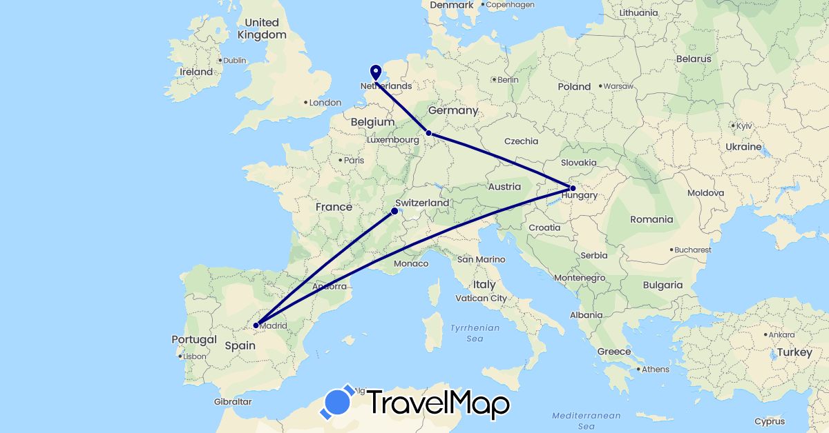 TravelMap itinerary: driving in Switzerland, Germany, Spain, Hungary, Netherlands (Europe)